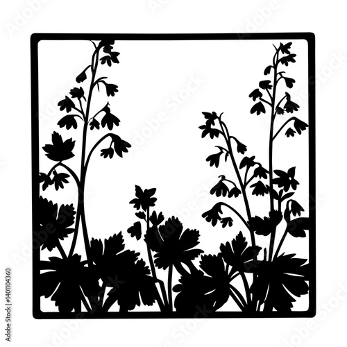 Decorative floral silhouette with wild plants- Black and white silhouette artwork of tall wildflowers and leafy plants framed in a square, perfect for decoration and design projects
