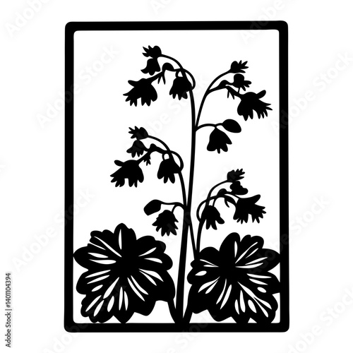Black and White Framed Silhouette of a Flowering Plant with Large Leaves