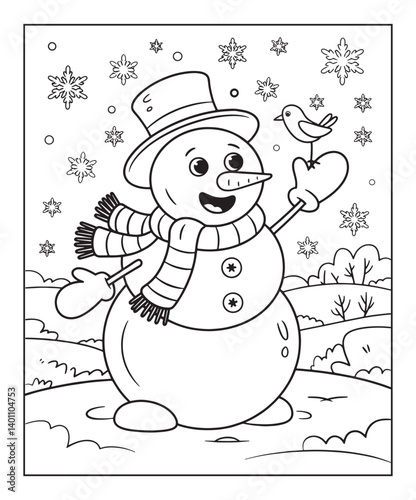 Christmas snowman coloring page for kids, black line art vector illustration on white background