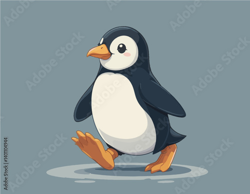 A cute and simple vector illustration of a penguin waddling, with big feet, in a flat design style