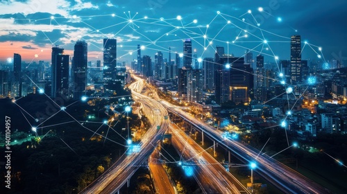 Futuristic Metropolis Showing Data Network Connections and Cityscape