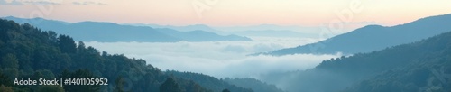Misty fog gently settles on a serene landscape, misty, fog