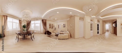 An elegant and spacious interior displaying a living and dining area