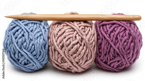 Pastel Yarn Balls and Wooden Knitting Needle