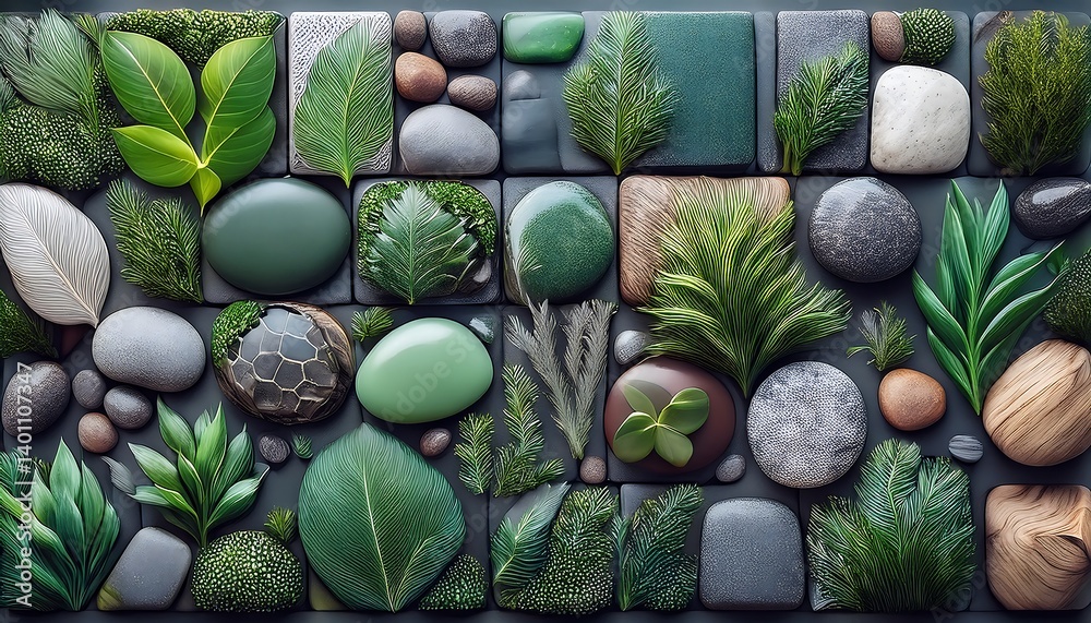 Artistic Arrangement of Green Leaves and Rocks in a Patterned Layout. AI Generative