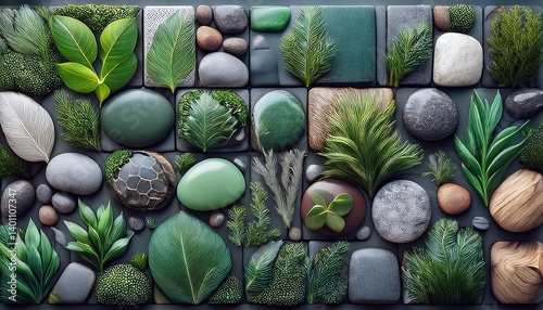 Obraz na płótnie Artistic Arrangement of Green Leaves and Rocks in a Patterned Layout. AI Generative w salonie