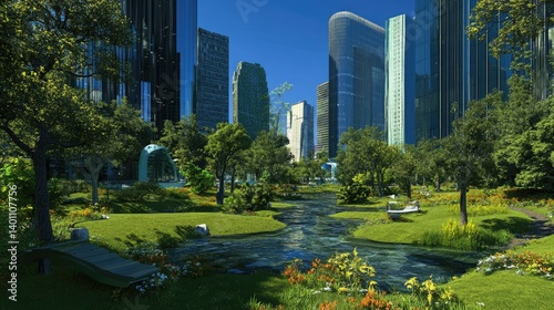 Lush urban oasis amidst towering skyscrapers.  A tranquil waterway winds through a vibrant park, framed by towering modern architecture.  Sunlight bathes the verdant landscape in warmth