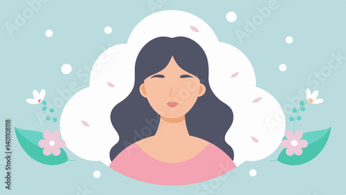 Facial Steam A calming scene of a woman enjoying a facial steam treatment with soft clouds of vapor rising around her face and ethereal blossoms surrounding the steam.