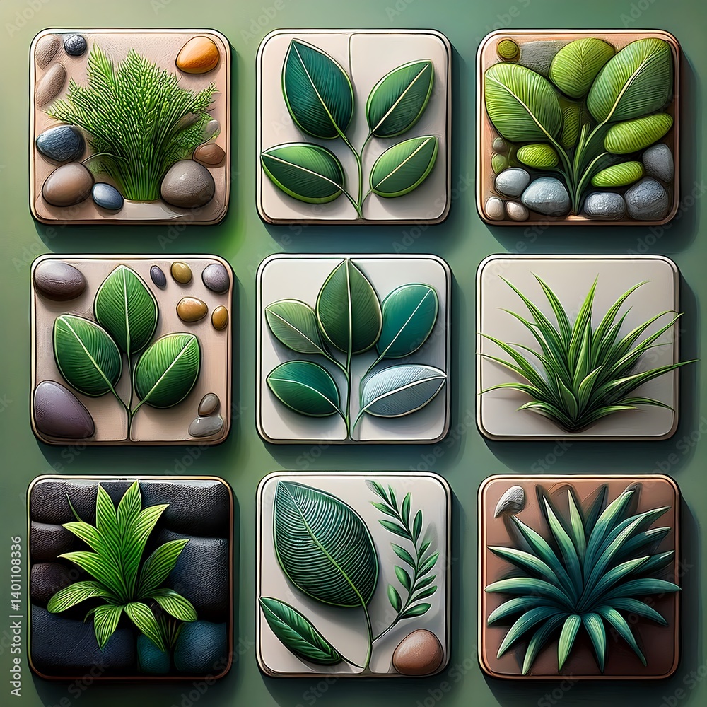 Artistic Arrangement of Green Leaves and Rocks in a Patterned Layout. AI Generative