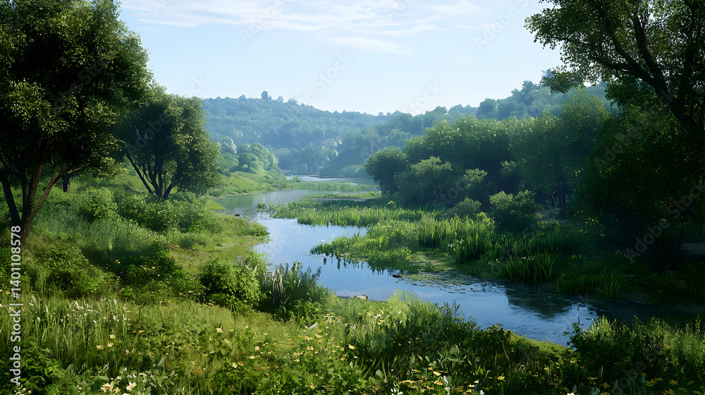 Serene River Valley Landscape With Lush Vegetation Serene River Valley Landscape With Lush Vegetation