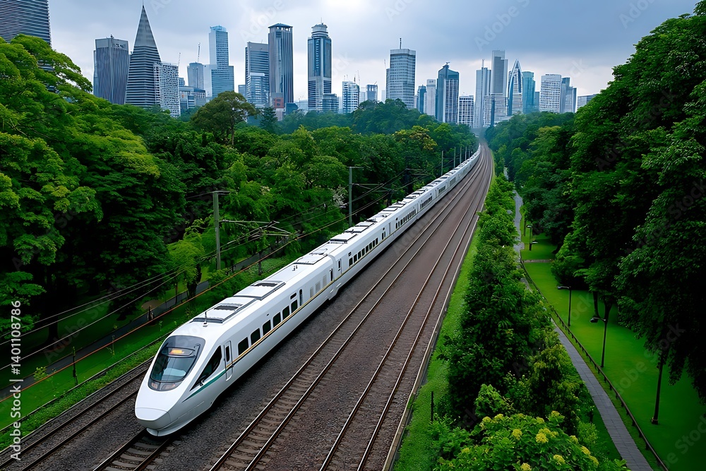 Naklejka premium Futuristic high-speed train surrounded by greenery and skyscrapers, symbolizing sustainable urban living