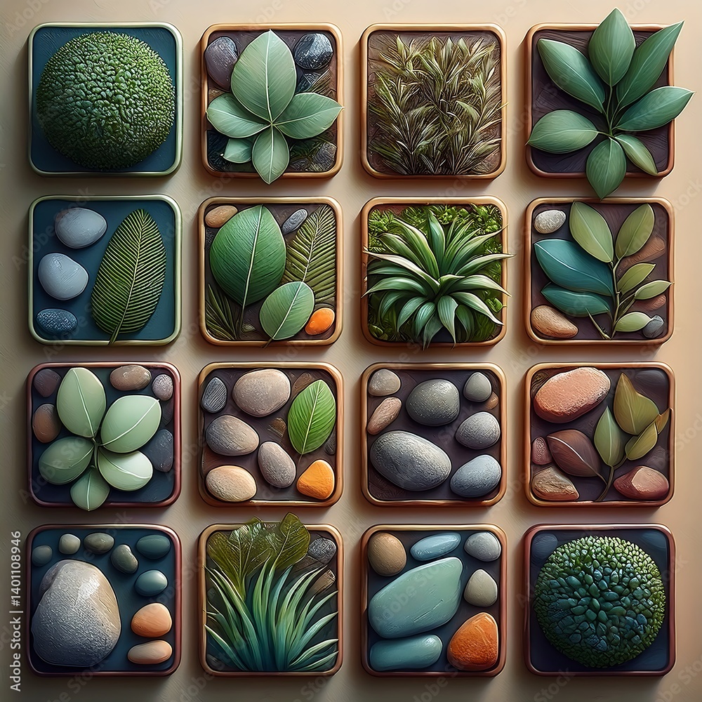 Artistic Arrangement of Green Leaves and Rocks in a Patterned Layout. AI Generative