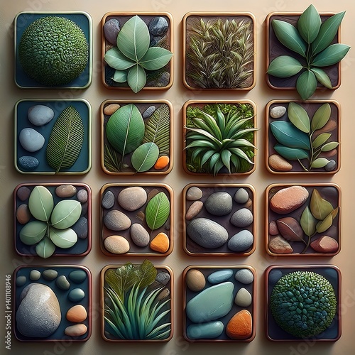 Artistic Arrangement of Green Leaves and Rocks in a Patterned Layout. AI Generative