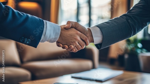 Business Handshake Concluding Deal with Two Men in Suits Indoors