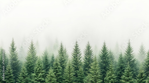 Mist envelops towering pine trees in a serene forest landscape during early morning hours