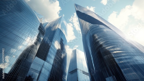 Towering glass skyscrapers rise into the bright blue sky overhead