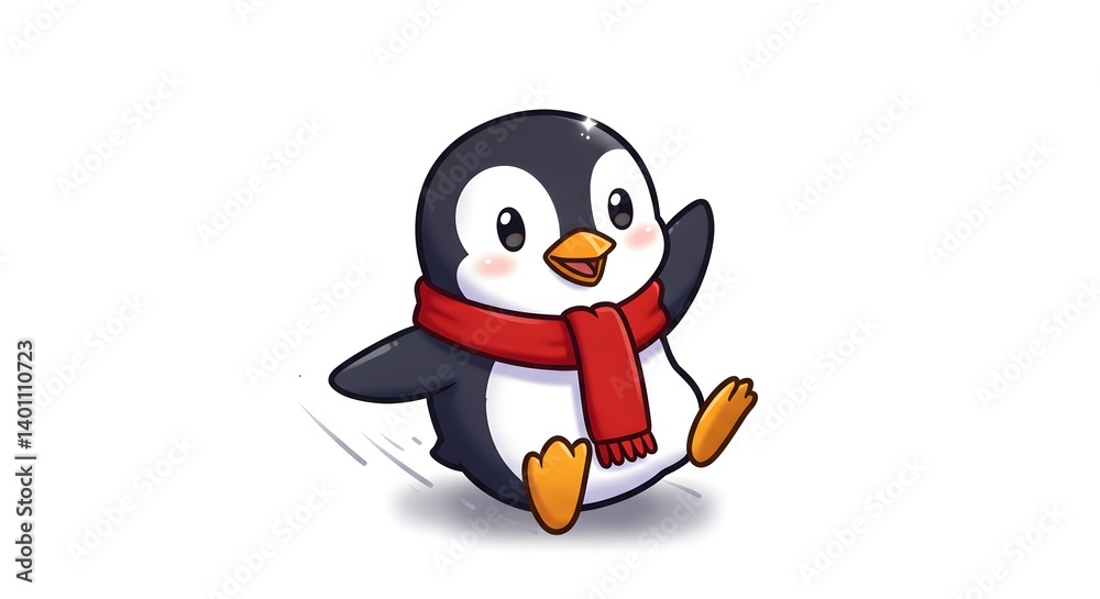 Naklejka premium Cartoon Penguin in Red Scarf Sliding on Belly
