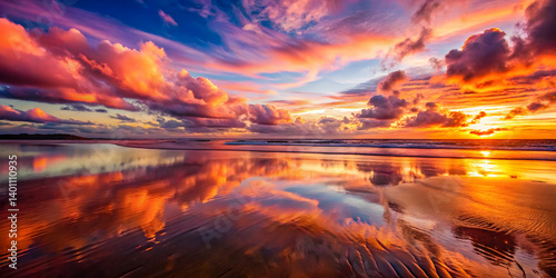 Vibrant pink and orange sky reflecting on wet sand at sunset