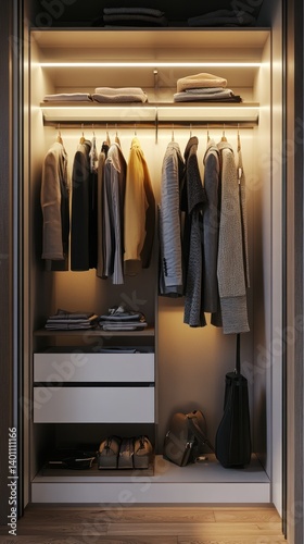 An organized walk in closet with hanging clothes and folded garments