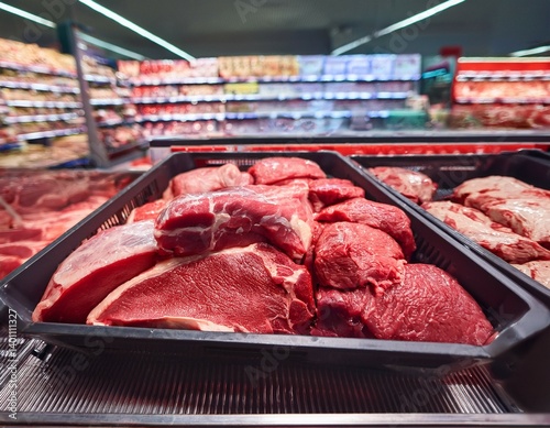 fresh raw red meat in supermarket