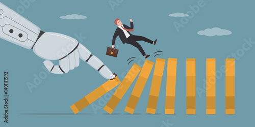 Robot arm push to collapse domino, businessman falling down, financial loss. AI bot to disrupt human work, Artificial intelligence impact or challenge, job uncertainty,