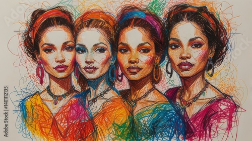 A group of women with big earrings. Sisterhood concept. Illustrations of 6 women with different skin color staying close to each other
