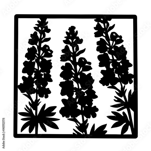 Elegant Black and White Silhouette of Three Delphinium Flowers in a Square Frame Botanical Illustration