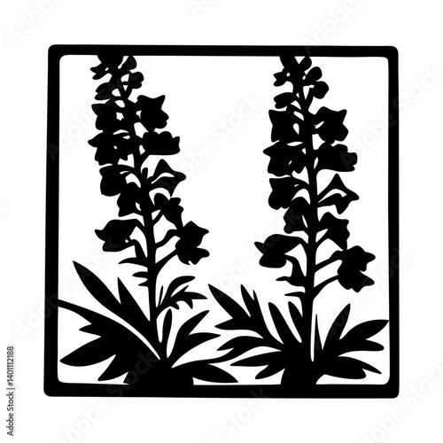 Black and White Silhouette of Two Delphinium Flowers in a Square Frame Botanical Illustration Floral Design Nature Art