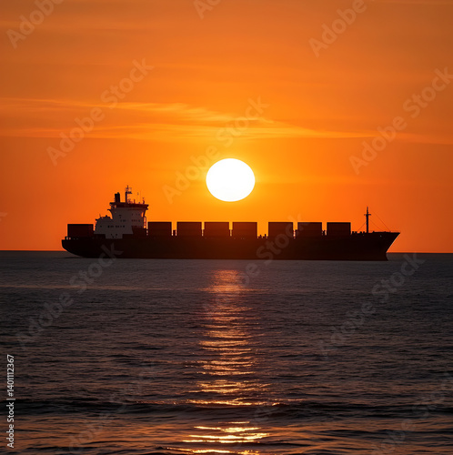 Silhouette of a container ship at sunset, glowing orange sky and calm sea enhancing the form of stacked cargo on the horizon. AI-generated.