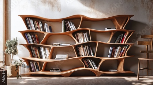 A unique wooden bookshelf filled with many different books