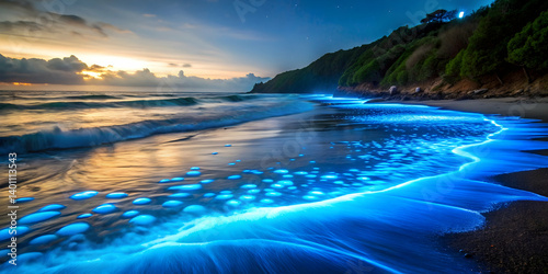 Bioluminescent beach glowing at night with blue waves