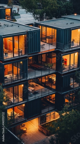 Modern apartments in urban setting at nighttime with warm lights