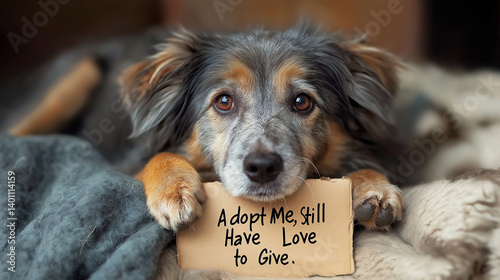 Senior Dog With Gentle Eyes Lying on Soft Blanket, Inviting New Home and Love While Relaxing in Cozy Indoor Setting