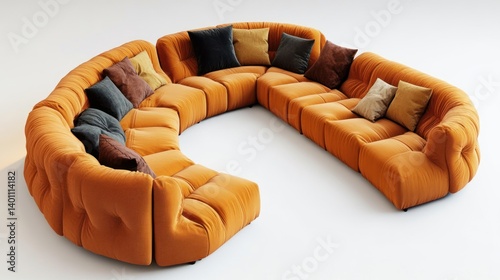 An orange modular sofa with various colored decorative pillows is shown