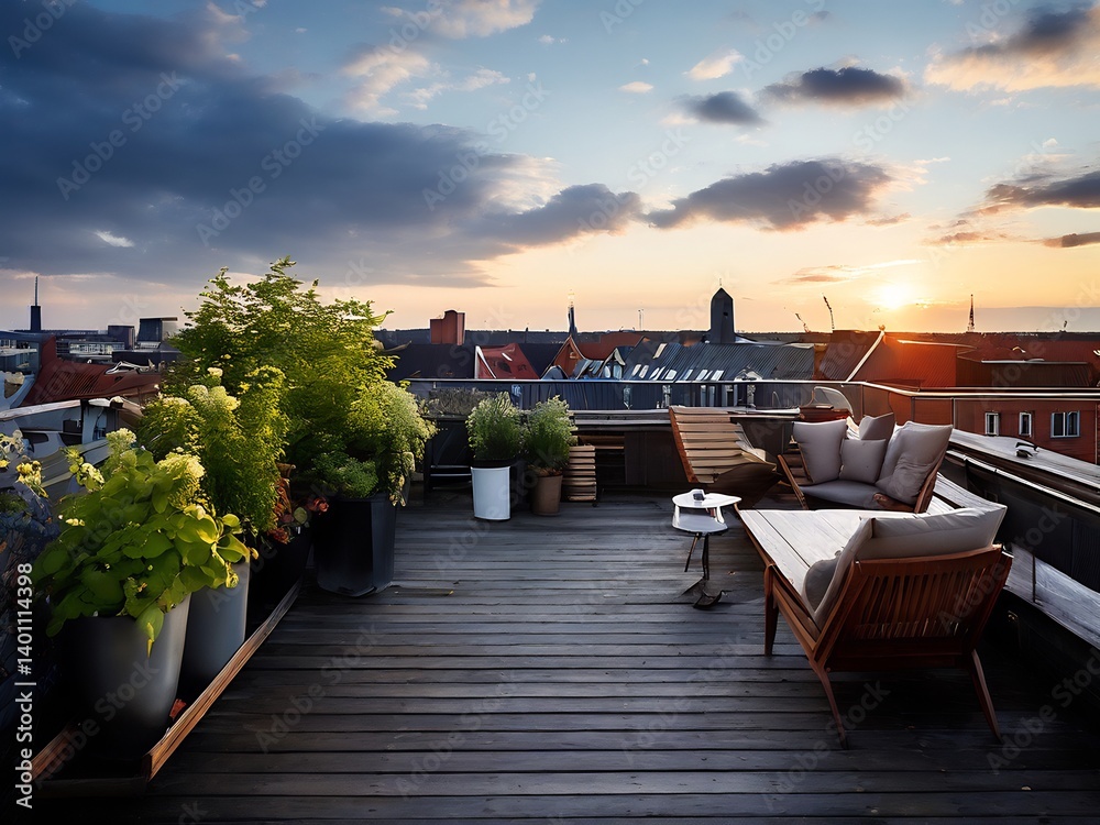 Obraz premium Rooftop Terrace with City Views at Sunset
