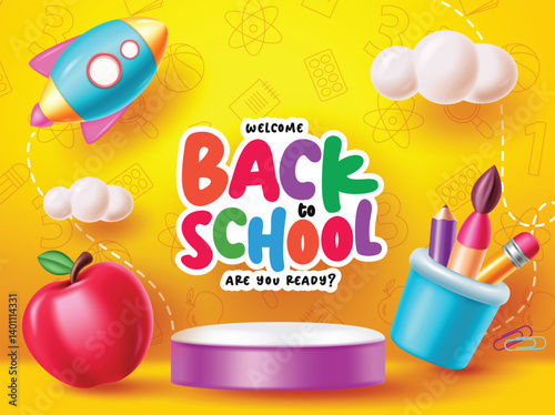 Welcome back to school clipart template. School greeting text with podium and cute educational elements clip art vector illustration. 