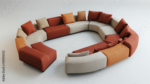 A modern modular curved sofa with orange and neutral cushions