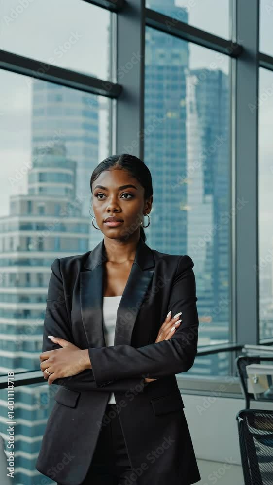 Confident businesswoman standing near modern office windows looking forward, wearing professional suit and gold jewelry Confident businesswoman standing near modern office windows looking forward, wearing professional suit and gold jewelry