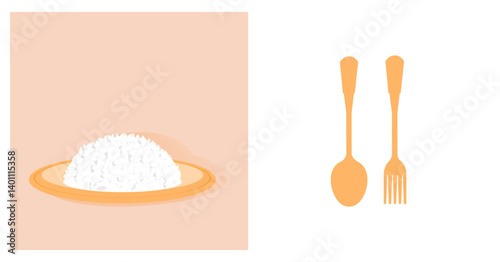 Rice plate with spoon and fork icon sign vector.