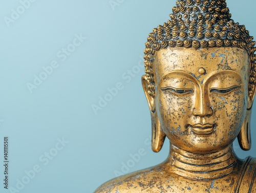 A close-up of a vintage golden Buddha statue with intricate details, set against a soft blue background, evoking tranquility and spirituality.