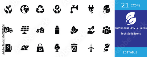 A modern set of 21 solid black sustainability icons featuring eco energy, recycling, green tech, clean water, solar power, and more. Perfect for eco-friendly apps,  websites, and branding