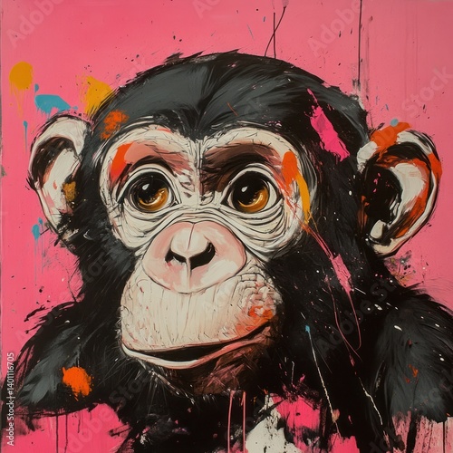 A Colorful Artistic Painting Featuring a Smiling Chimpanzee Face
