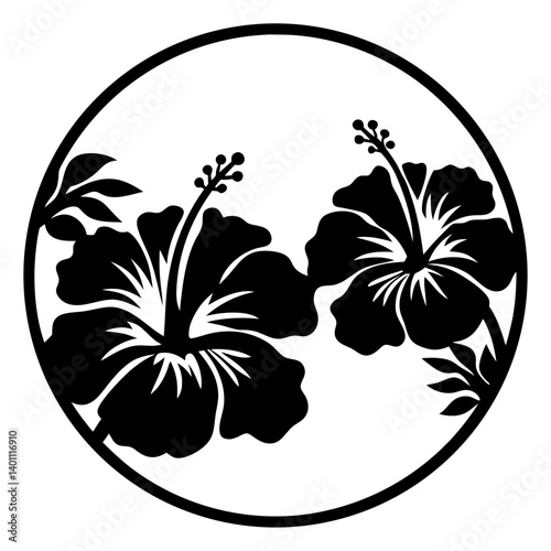 Black hibiscus flower silhouette in circle- Stylized black hibiscus flowers inside a circular frame, simple floral silhouette design perfect for decoration, tattoo, or logo concepts