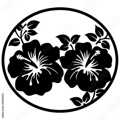 Two hibiscus flowers with leaves in circle- Stylized black silhouette of two hibiscus flowers with surrounding leaves inside a circle, suitable for tropical design, tattoo, or logo use