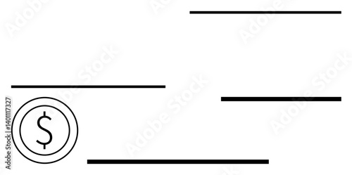 Dollar coin icon with horizontal lines visualizing monetary transfer or payment process. Ideal for finance, banking, transactions, payments, savings, budgeting, accounting. Flat simple metaphor