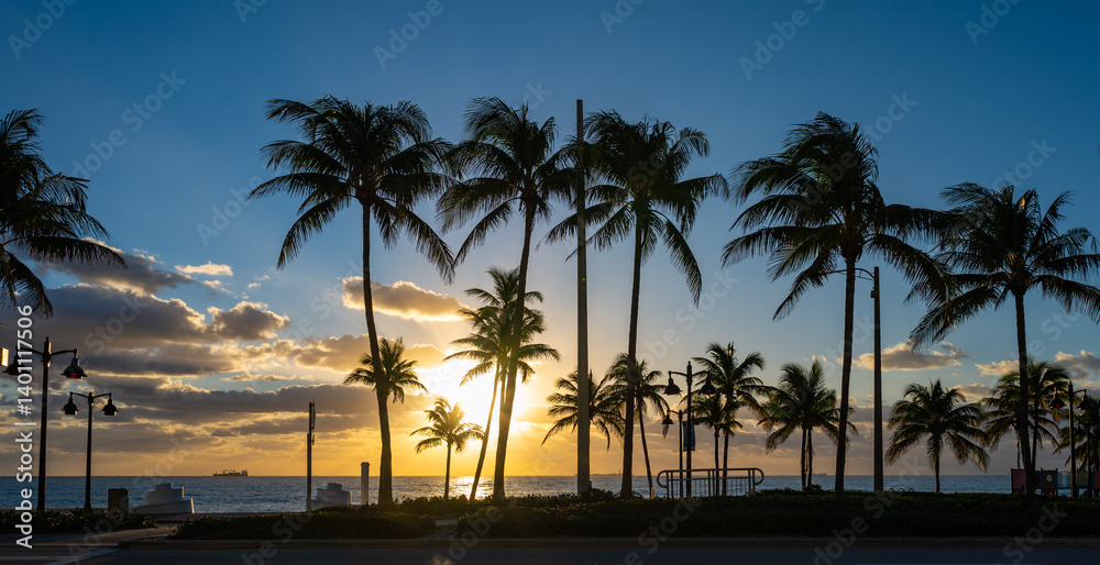 Silhouette of Waving Palm Trees on the Beach at Sunrise. Fort Lauderdale, Florida