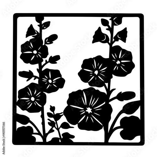 Square floral silhouette design with blossoms- Black flower silhouette artwork inside a square frame, showcasing blooming blossoms and leaves in a decorative and traditional ornamental style