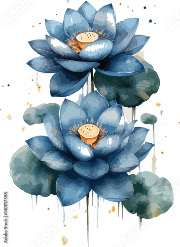 Beautiful floral blossoms of water lily and lotus, in purple and pink hues, bloom on a serene blue background, showcasing nature's spring beauty