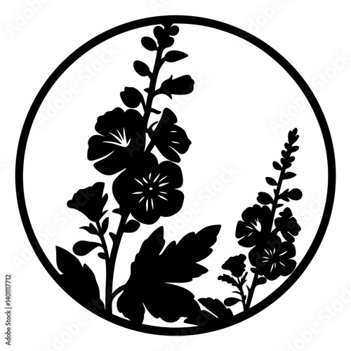 Black floral silhouette art in circular frame- Stylized black flower silhouette enclosed in a round frame, suitable for decorative artwork, traditional design elements, and ornamental projects