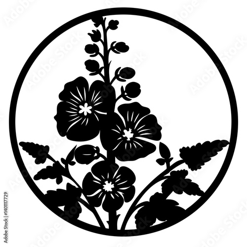Floral silhouette design inside circular frame- Elegant black floral silhouette illustration enclosed in a circle, ideal for decorative art, traditional patterns, and ornamental design projects